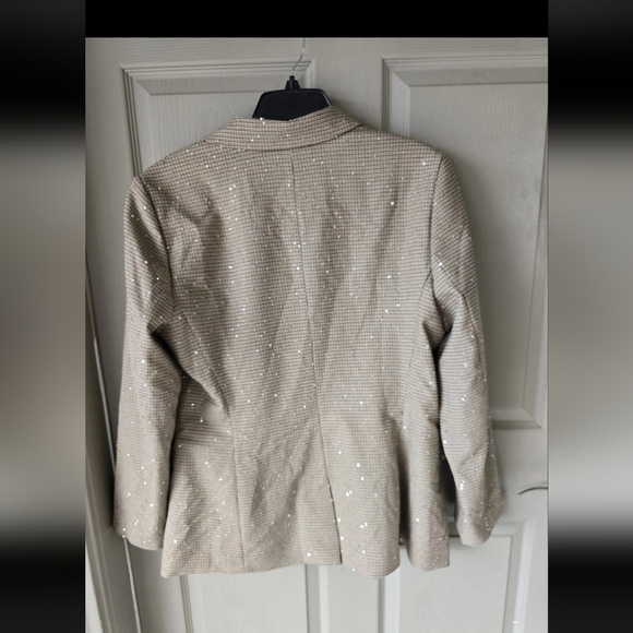 $99 On-34th New Sequin Plaid Blazer Jacket 14 Women Beige Twill Elegant Glitter - Picture 12 of 12